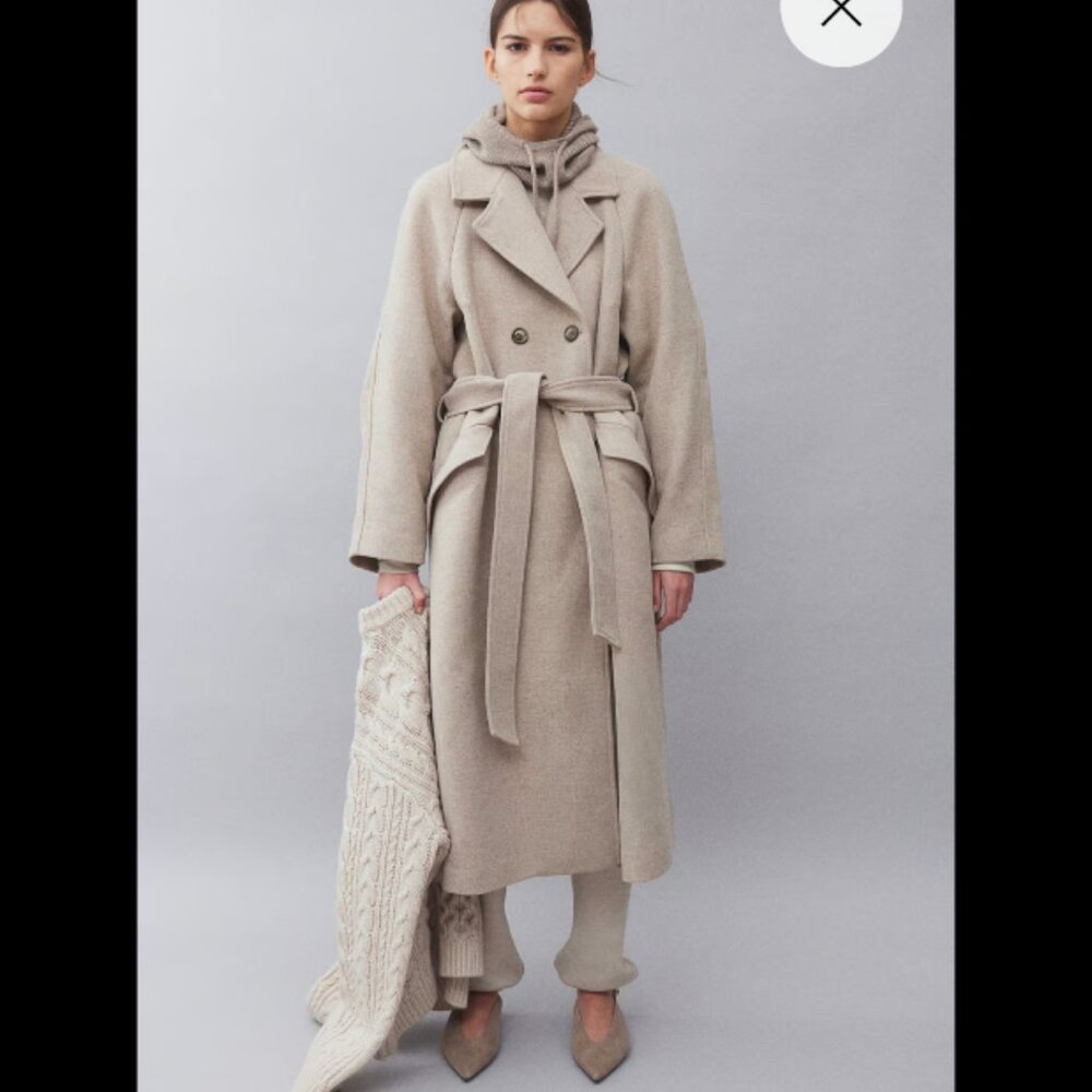 H&M Beige Wool Tie-Belt Coat Trench